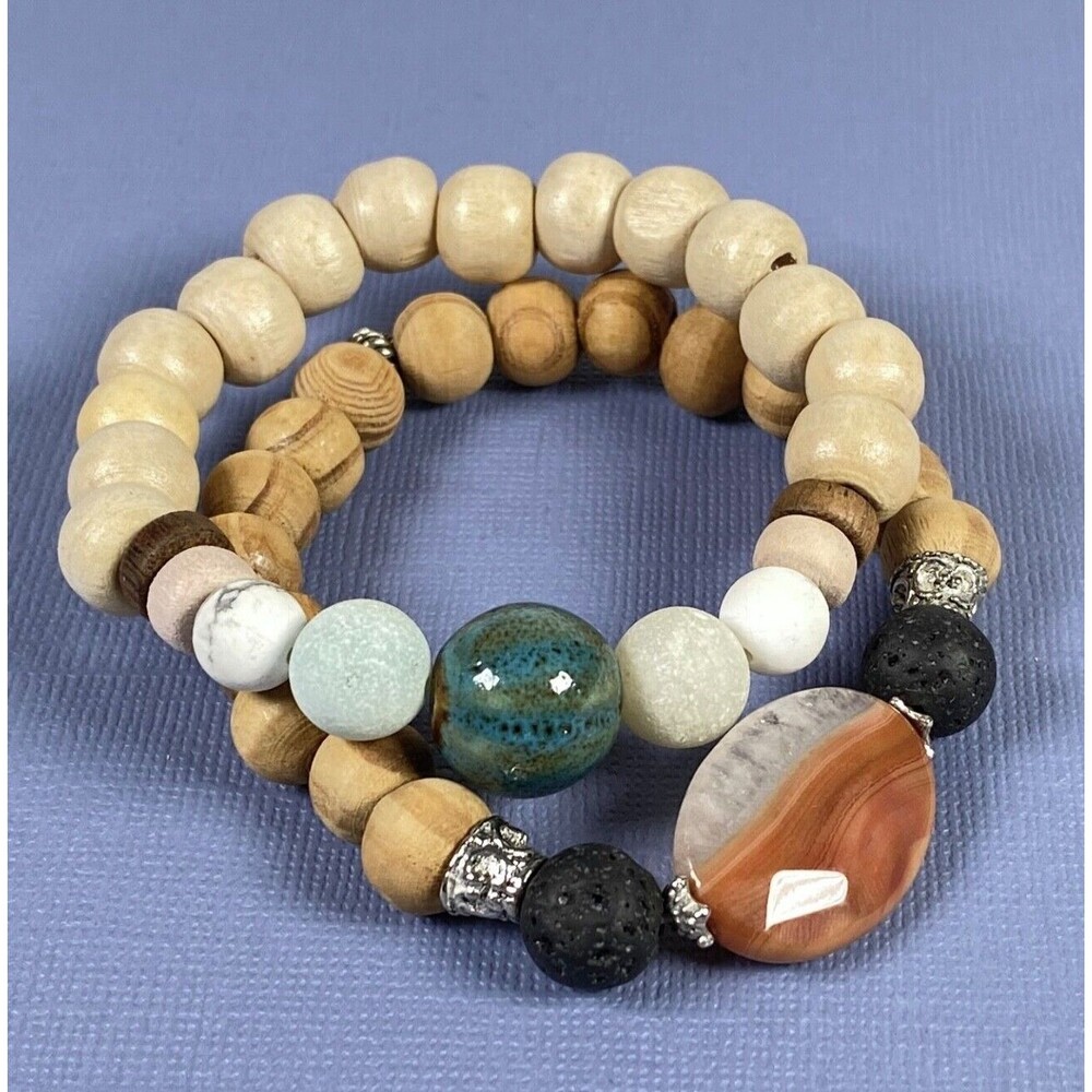 Healing Stone Wooden Ceramic Beaded Bracelet Carnelian Agate Stretch Boho Lot